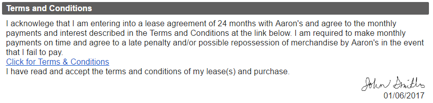Terms with signature rendered on a receipt